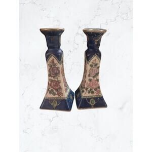 8" Chinoiserie Handpainted Vintage Floral Candlestick Holders